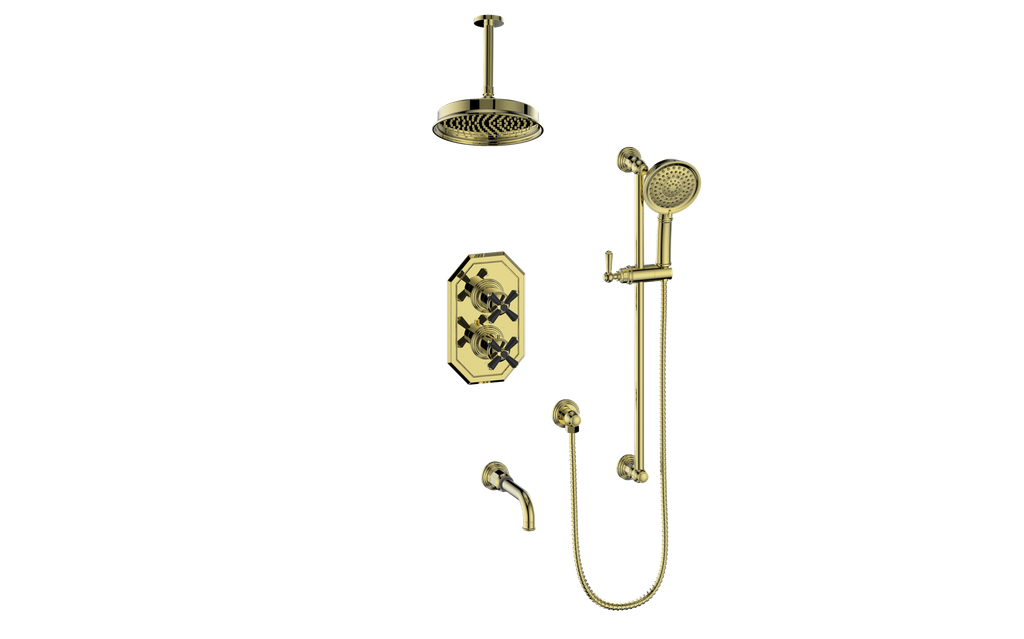 Vogt Carinthia 3-Way Thermostatic Shower System, 6" Ceiling Arm, in Brushed Gold & Matte Black with Cross Handle – SET.C31.320.316.BGB