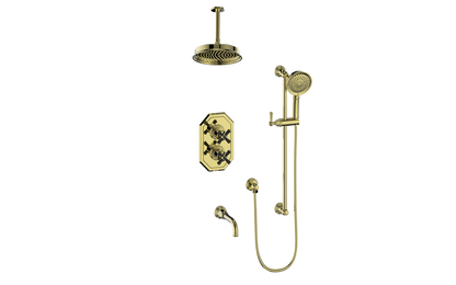 Vogt Carinthia 3-Way Thermostatic Shower System, 6" Ceiling Arm, in Brushed Gold & Matte Black with Cross Handle – SET.C31.320.316.BGB