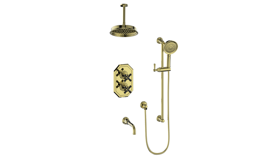Vogt Carinthia 3-Way Thermostatic Shower System, 6" Ceiling Arm, in Brushed Gold & Matte Black with Cross Handle – SET.C31.320.316.BGB