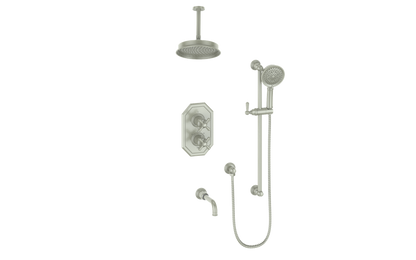 Vogt Carinthia 3-Way Thermostatic Shower System, 6" Ceiling Arm, in Brushed Nickel with Cross Handle – SET.C31.320.316.BN