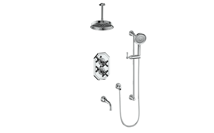 Vogt Carinthia 3-Way Thermostatic Shower System, 6" Ceiling Arm, in Chrome & Matte Black with Cross Handle – SET.C31.320.316.CB
