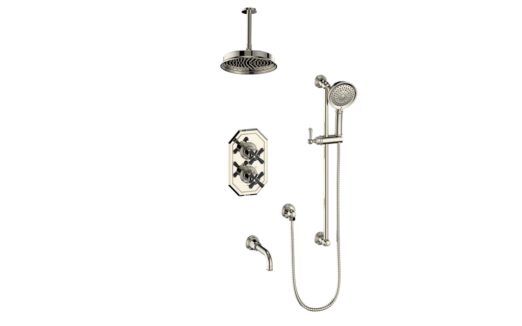 Vogt Carinthia 3-Way Thermostatic Shower System, 6" Ceiling Arm, in Polished Nickel & Matte Black with Cross Handle – SET.C31.320.316.PB