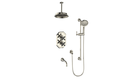 Vogt Carinthia 3-Way Thermostatic Shower System, 6" Ceiling Arm, in Polished Nickel & Matte Black with Cross Handle – SET.C31.320.316.PB