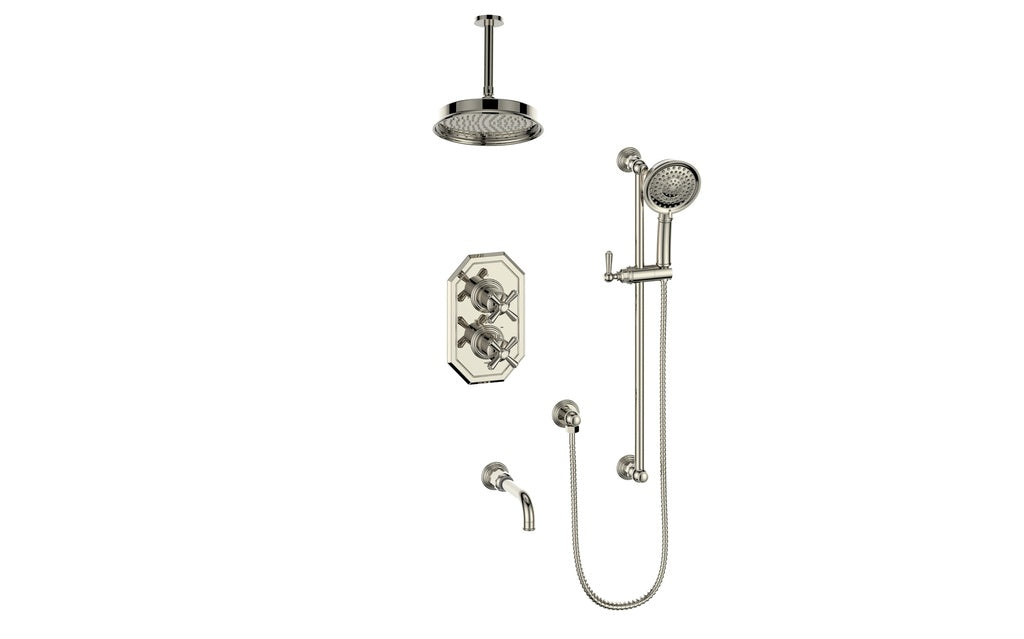 Vogt Carinthia 3-Way Thermostatic Shower System, 6" Ceiling Arm, in Polished Nickel with Cross Handle – SET.C31.320.316.PN