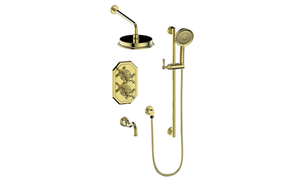 Vogt Carinthia 3-Way Thermostatic Shower System in Brushed Gold with Cross Handle – SET.C32.320.310.BG