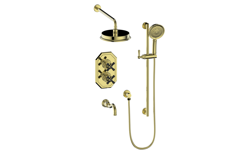 Vogt Carinthia 3-Way Thermostatic Shower System in Brushed Gold & Matte Black with Cross Handle – SET.C32.320.310.BGB