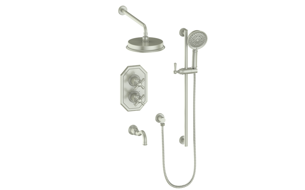 Vogt Carinthia 3-Way Thermostatic Shower System in Brushed Nickel with Cross Handle – SET.C32.320.310.BN