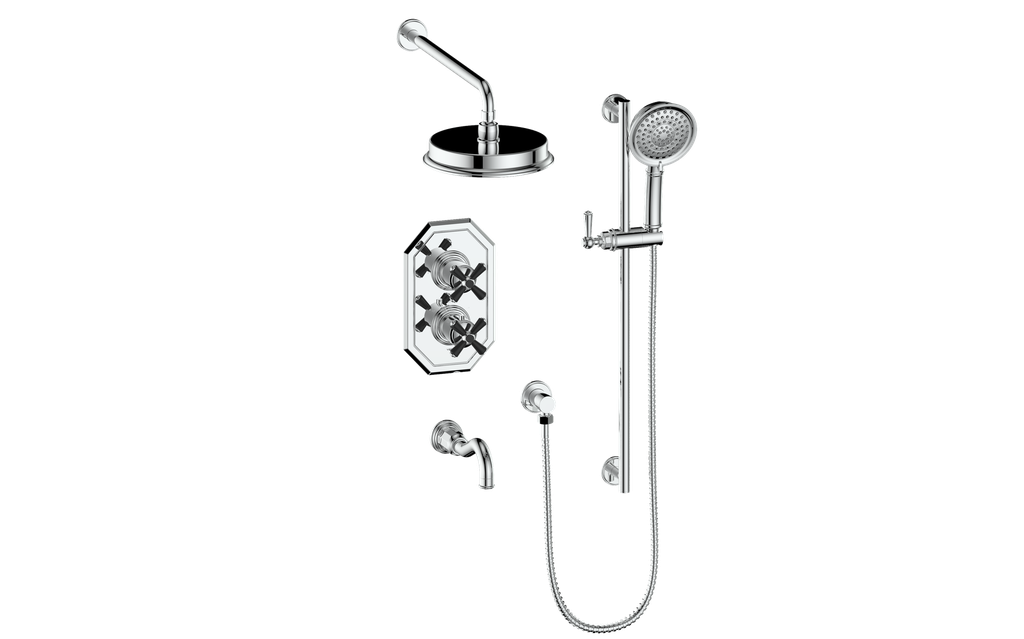 Vogt Carinthia 3-Way Thermostatic Shower System in Chrome & Matte Black with Cross Handle – SET.C32.320.310.CB