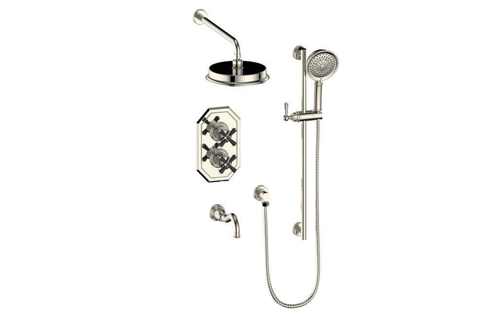 Vogt Carinthia 3-Way Thermostatic Shower System in Polished Nickel & Matte Black with Cross Handle – SET.C32.320.310.PB