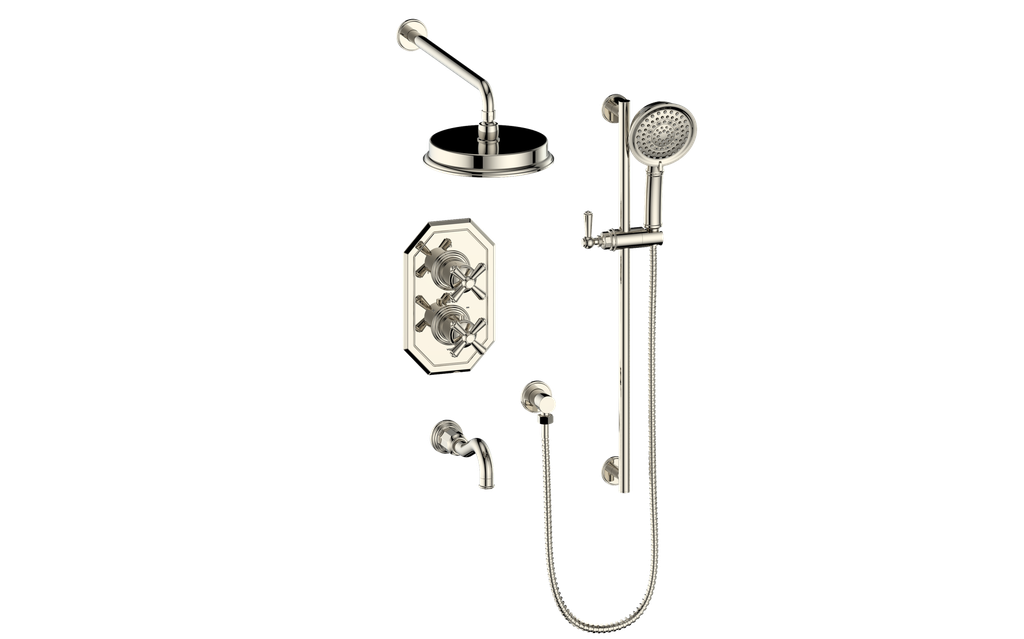 Vogt Carinthia 3-Way Thermostatic Shower System in Polished Nickel with Cross Handle – SET.C32.320.310.PN