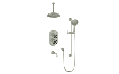 Vogt Carinthia 3-Way Thermostatic Shower System, 6" Ceiling Arm, in Brushed Nickel & Matte Black with Cross Handle – SET.C32.320.316.BB