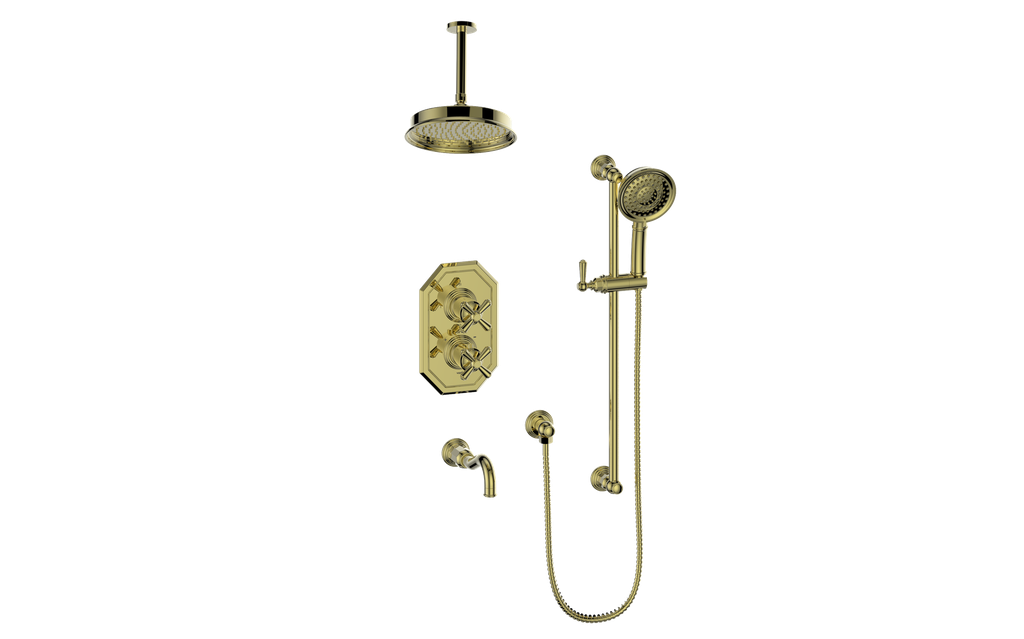 Vogt Carinthia 3-Way Thermostatic Shower System, 6" Ceiling Arm, in Brushed Gold with Cross Handle – SET.C32.320.316.BG