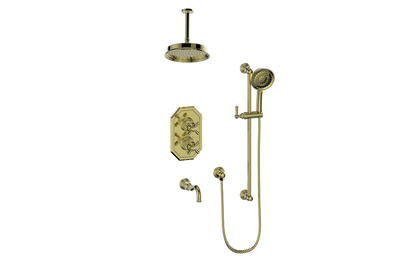 Vogt Carinthia 3-Way Thermostatic Shower System, 6" Ceiling Arm, in Brushed Gold with Cross Handle – SET.C32.320.316.BG