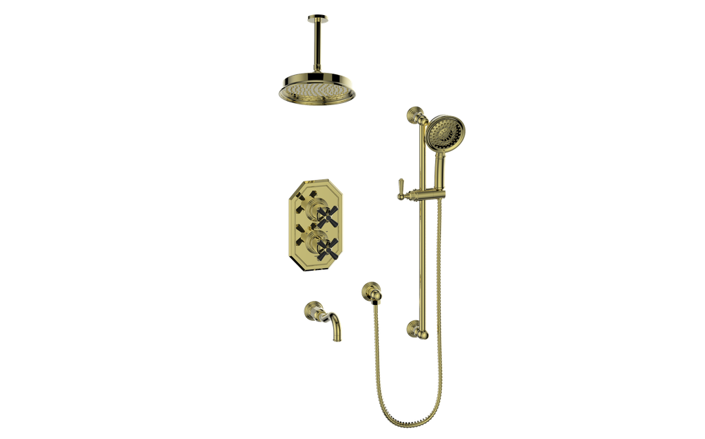 Vogt Carinthia 3-Way Thermostatic Shower System, 6" Ceiling Arm, in Brushed Gold & Matte Black with Cross Handle – SET.C32.320.316.BGB