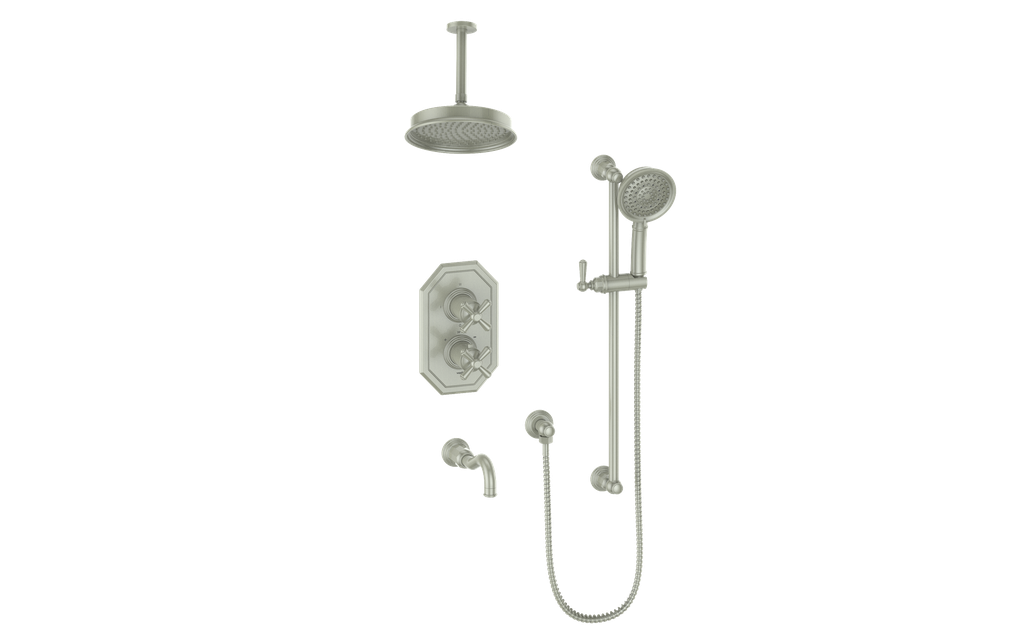 Vogt Carinthia 3-Way Thermostatic Shower System, 6" Ceiling Arm, in Brushed Nickel with Cross Handle – SET.C32.320.316.BN