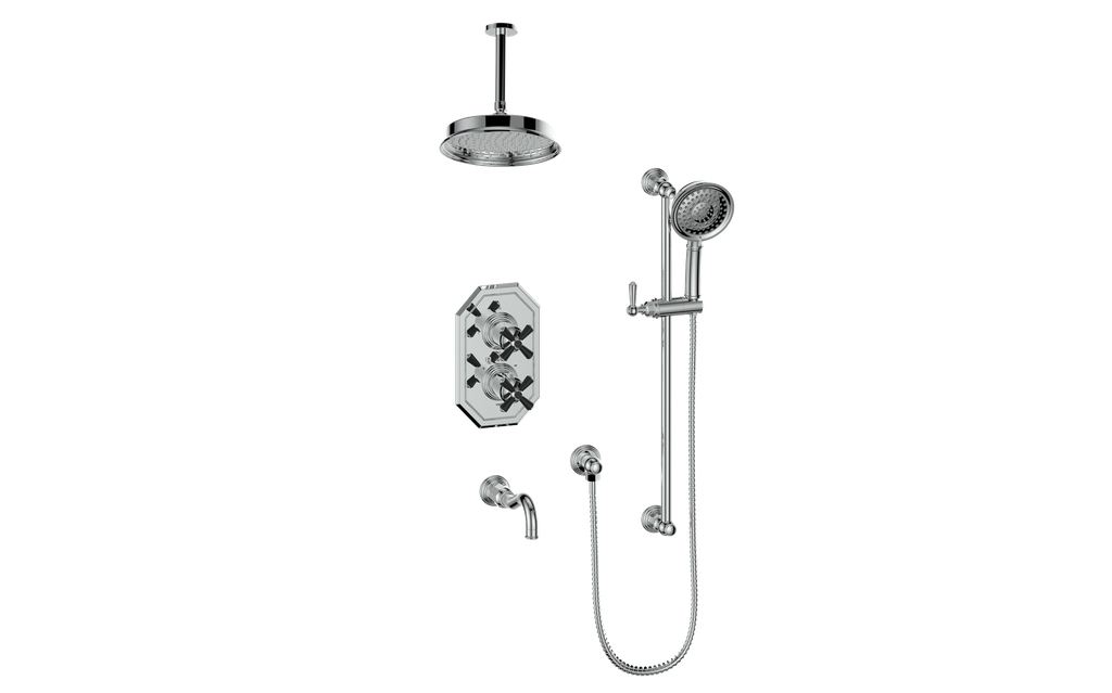Vogt Carinthia 3-Way Thermostatic Shower System, 6" Ceiling Arm, in Chrome & Matte Black with Cross Handle – SET.C32.320.316.CB