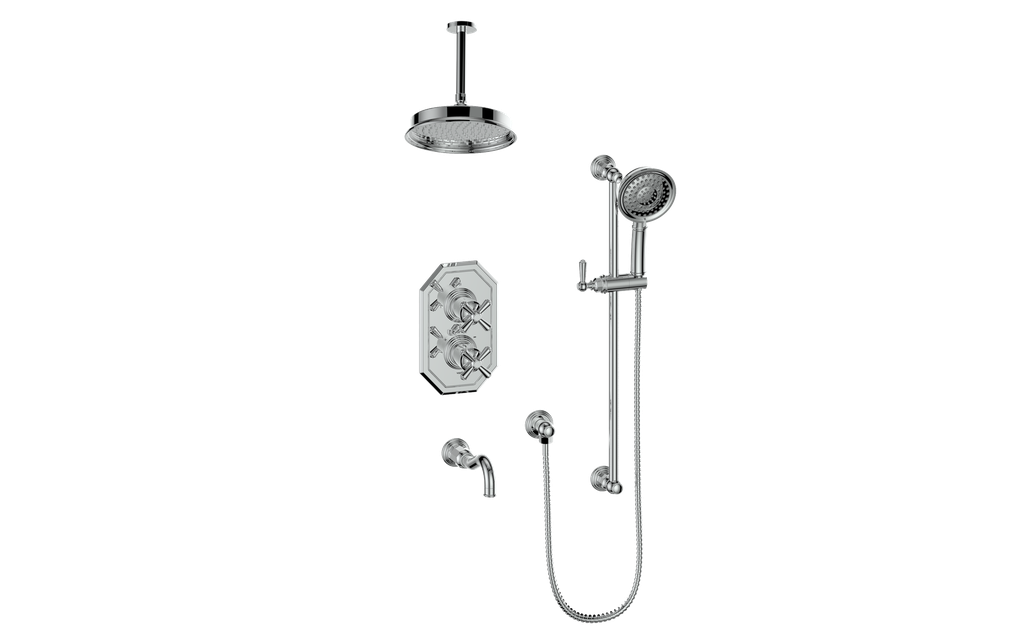 Vogt Carinthia 3-Way Thermostatic Shower System, 6" Ceiling Arm, in Polished Chrome with Cross Handle – SET.C32.320.316.CC