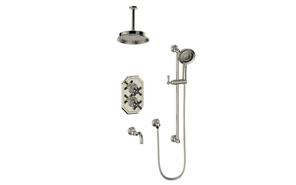 Vogt Carinthia 3-Way Thermostatic Shower System, 6" Ceiling Arm, in Polished Nickel & Matte Black with Cross Handle – SET.C32.320.316.PB