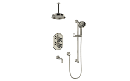 Vogt Carinthia 3-Way Thermostatic Shower System, 6" Ceiling Arm, in Polished Nickel & Matte Black with Cross Handle – SET.C32.320.316.PB