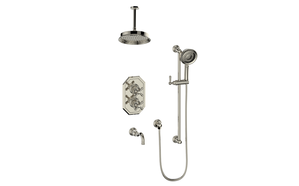 Vogt Carinthia 3-Way Thermostatic Shower System, 6" Ceiling Arm, in Polished Nickel with Cross Handle – SET.C32.320.316.PN