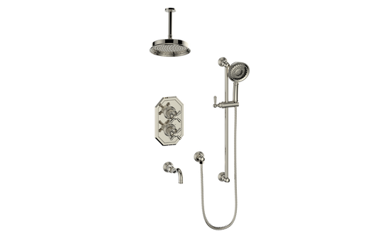 Vogt Carinthia 3-Way Thermostatic Shower System, 6" Ceiling Arm, in Polished Nickel with Cross Handle – SET.C32.320.316.PN