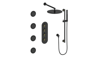 Vogt Drava 3-Way Thermostatic Shower System with Body Jets - Brushed Gold / Matte Black (SET.DA.350.930.BGB)