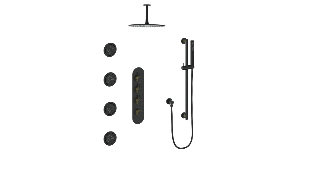 Vogt Drava 3-Way Thermostatic Shower System with Body Jets & 6" Ceiling Arm in Brushed Gold / Matte Black - SET.DA.350.936.BGB