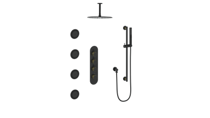 Vogt Drava 3-Way Thermostatic Shower System with Body Jets & 6" Ceiling Arm in Brushed Gold / Matte Black - SET.DA.350.936.BGB