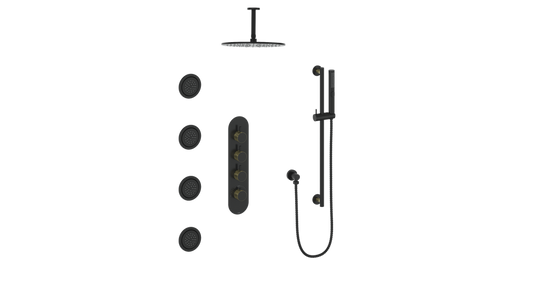 Vogt Drava 3-Way Thermostatic Shower System with Body Jets & 6" Ceiling Arm in Brushed Gold / Matte Black - SET.DA.350.936.BGB