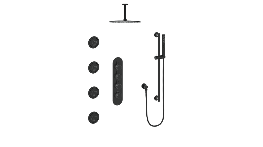 Vogt Drava 3-Way Thermostatic Shower System with Body Jets & 6" Ceiling Arm in Chrome / Matte Black - SET.DA.350.936.CB