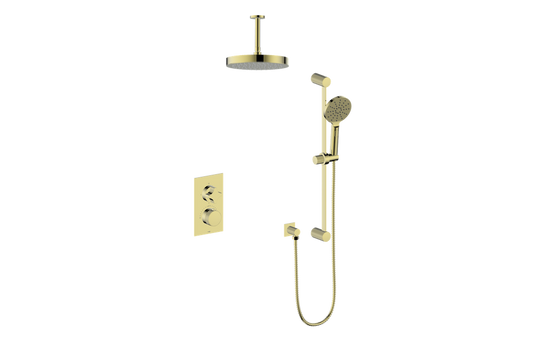 Vogt Mond 2-Way Thermostatic Shower System With Rough-In Valve & Ceiling Arm, Brushed Gold