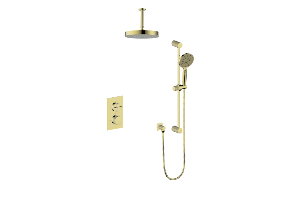 Vogt Mond 2-Way Thermostatic Shower System With Rough-In Valve & Ceiling Arm, Brushed Gold