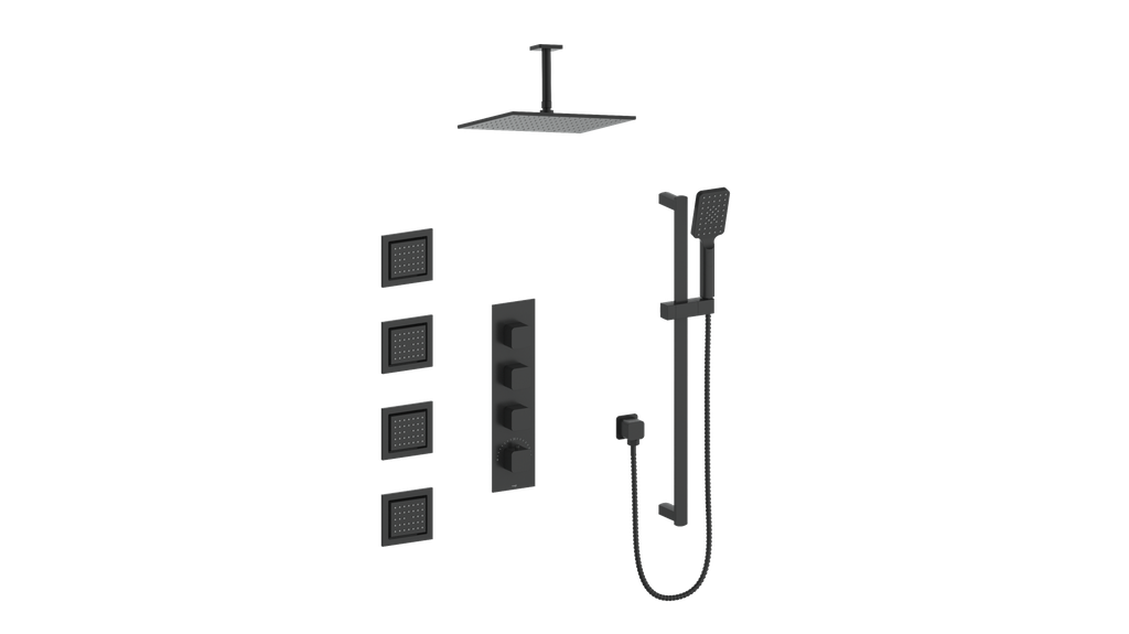 Vogt Niveau High-Flow Thermostatic Shower System with Body Jets and 6" Ceiling Arm in Matte Black - SET.NU.350.936