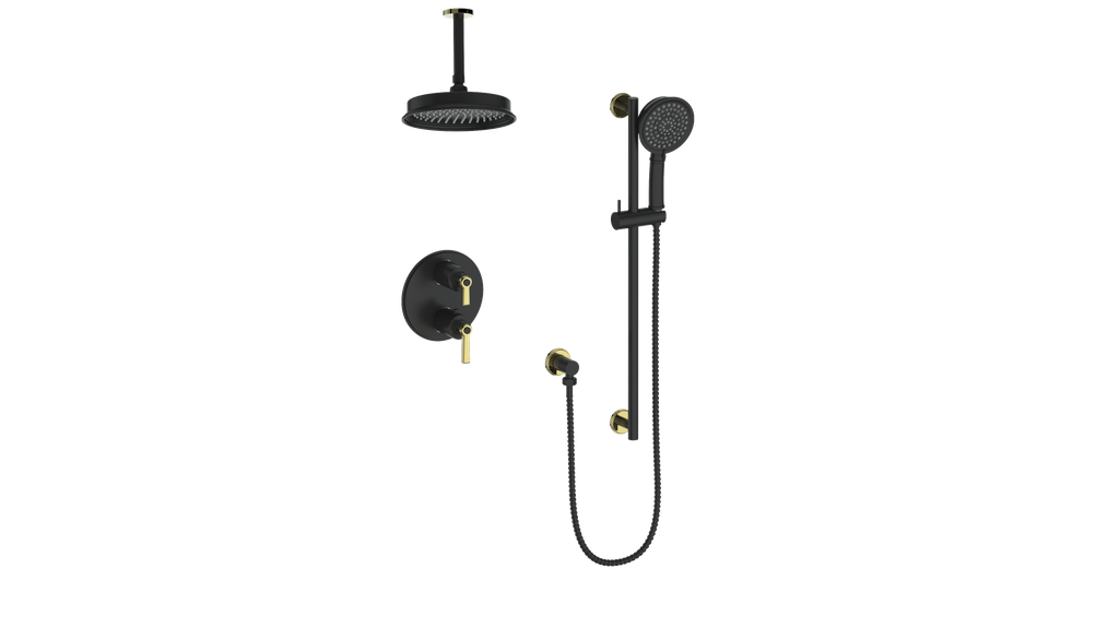 Vogt Zehn 2-Way Thermostatic Shower System with 6" Ceiling Arm in Brushed Gold & Matte Black – SET.Z1.220.216.BGB