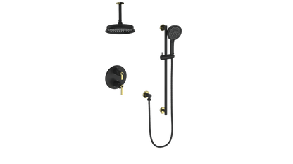 Vogt Zehn 2-Way Thermostatic Shower System with 6" Ceiling Arm in Brushed Gold & Matte Black – SET.Z1.220.216.BGB