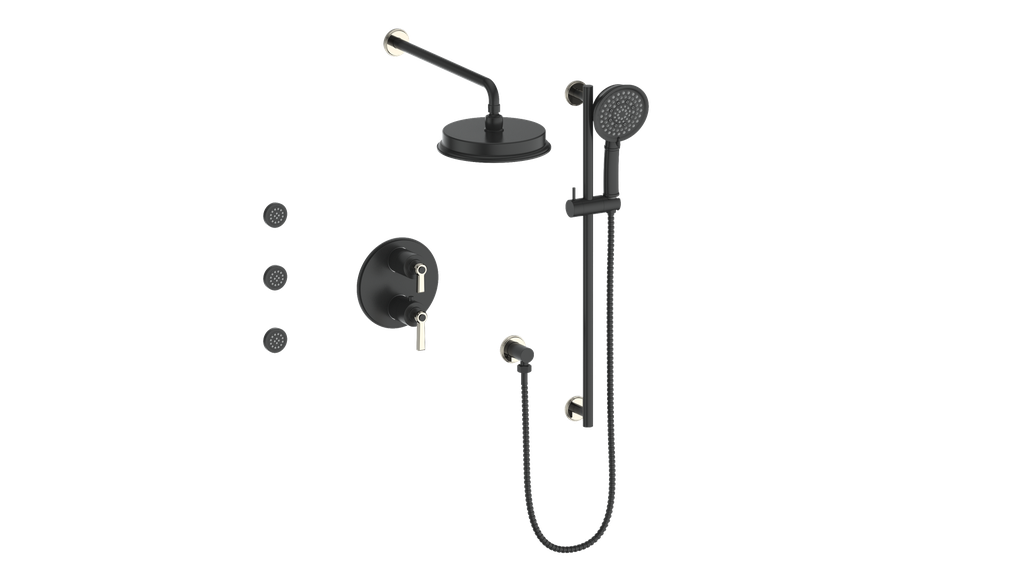 Vogt Zehn 3-Way Thermostatic Shower System with Body Jets, Lever Handle - Polished Nickel / Matte Black (SET.Z1.320.810.PB)
