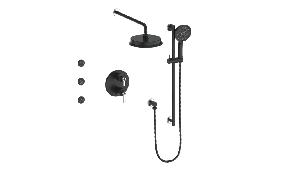 Vogt Zehn 3-Way Thermostatic Shower System with Body Jets, Lever Handle - Stainless Steel / Matte Black (SET.Z1.320.810.SB)