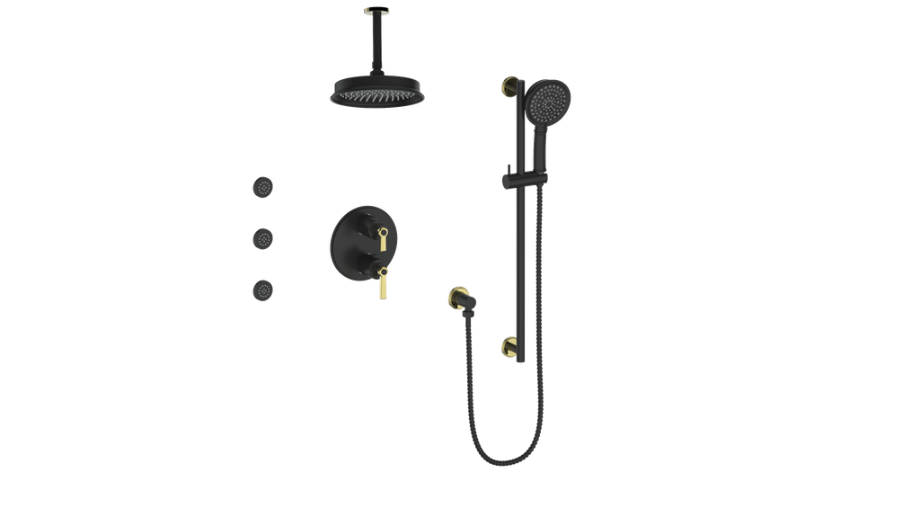 Vogt Zehn 3-Way Thermostatic Shower System with Body Jets & 6" Ceiling Arm, Lever Handle - Brushed Gold / Matte Black (SET.Z1.320.816.BGB)