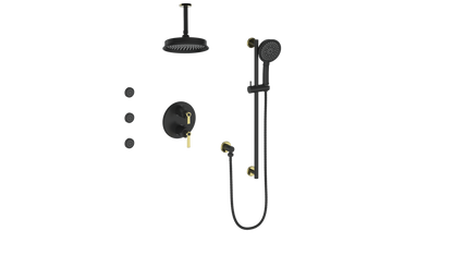 Vogt Zehn 3-Way Thermostatic Shower System with Body Jets & 6" Ceiling Arm, Lever Handle - Brushed Gold / Matte Black (SET.Z1.320.816.BGB)