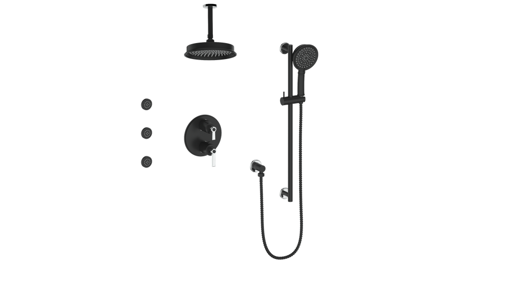 Vogt Zehn 3-Way Thermostatic Shower System with Body Jets & 6" Ceiling Arm, Lever Handle - Chrome / Matte Black (SET.Z1.320.816.CB)