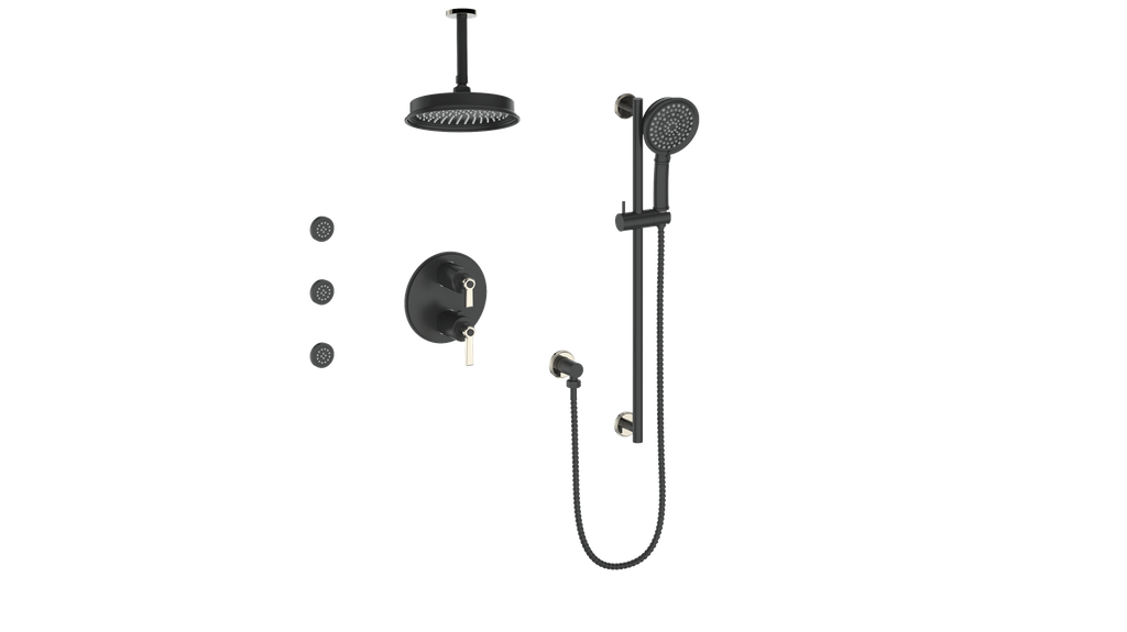 Vogt Zehn 3-Way Thermostatic Shower System with Body Jets & 6" Ceiling Arm, Lever Handle - Polished Nickel / Matte Black (SET.Z1.320.816.PB)