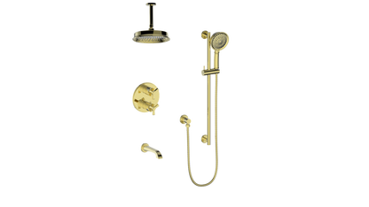 Vogt Zehn 3-Way Thermostatic Shower System with 6" Ceiling Arm, 3-Spoke Handle - Brushed Gold (SET.Z3.320.316.BG)