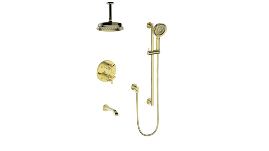 Vogt Zehn 3-Way Thermostatic Shower System with 6" Ceiling Arm, 3-Spoke Handle - Brushed Gold (SET.Z3.320.316.BG)