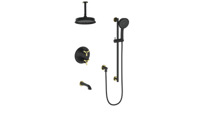 Vogt Zehn 3-Way Thermostatic Shower System with 6" Ceiling Arm, 3-Spoke Handle - Brushed Gold / Matte Black (SET.Z3.320.316.BGB)