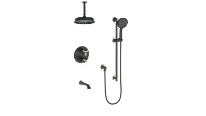Vogt Zehn 3-Way Thermostatic Shower System with 6" Ceiling Arm, 3-Spoke Handle - Polished Nickel / Matte Black (SET.Z3.320.316.PB)