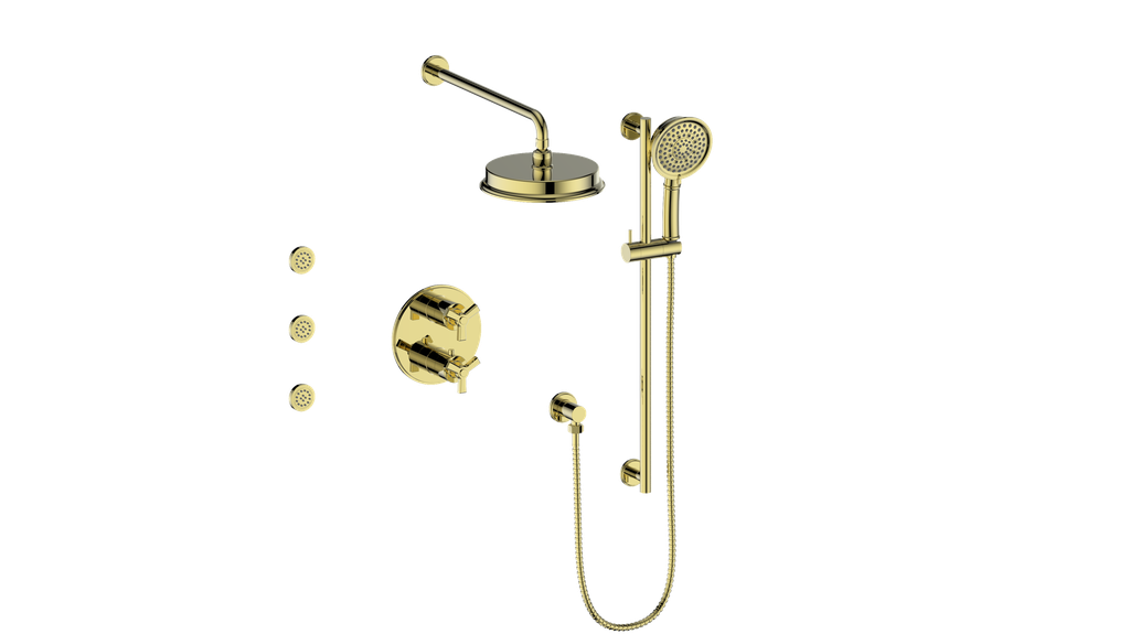 Vogt Zehn 3-Way Thermostatic Shower System with Body Jets, 3-Spoke Handle - Brushed Gold (SET.Z3.320.810.BG)
