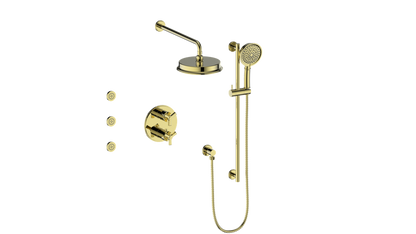 Vogt Zehn 3-Way Thermostatic Shower System with Body Jets, 3-Spoke Handle - Brushed Gold (SET.Z3.320.810.BG)