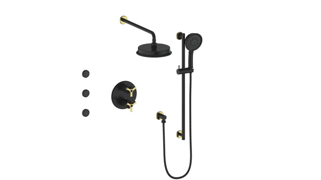 Vogt Zehn 3-Way Thermostatic Shower System with Body Jets, 3-Spoke Handle - Brushed Gold / Matte Black (SET.Z3.320.810.BGB)