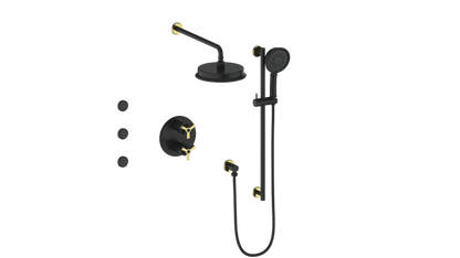 Vogt Zehn 3-Way Thermostatic Shower System with Body Jets, 3-Spoke Handle - Brushed Gold / Matte Black (SET.Z3.320.810.BGB)
