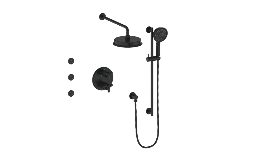 Vogt Zehn 3-Way Thermostatic Shower System with Body Jets, 3-Spoke Handle - Matte Black (SET.Z3.320.810.MB)